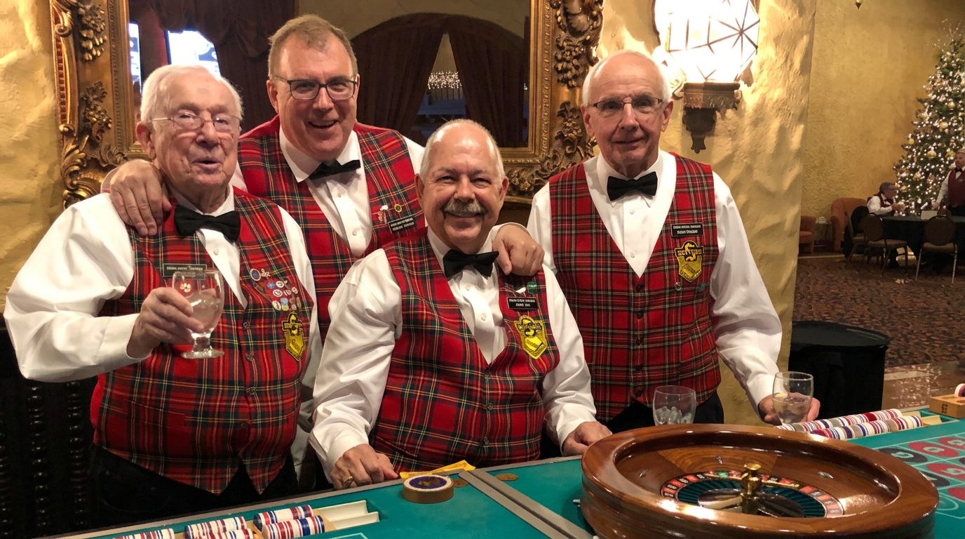 Sertoma volunteer dealers in tartan vests at a roulette table