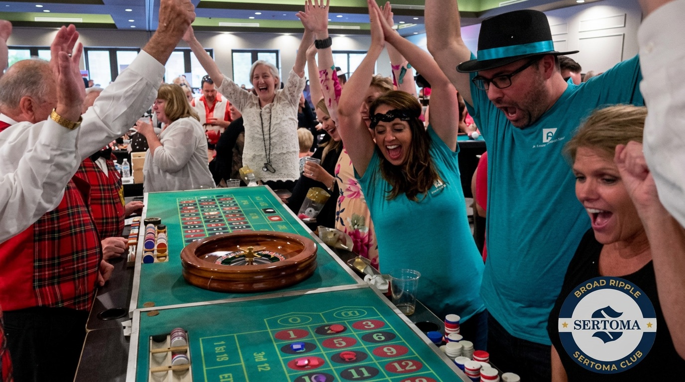 Guests cheering at the roulette wheel during a Sertoma casino night